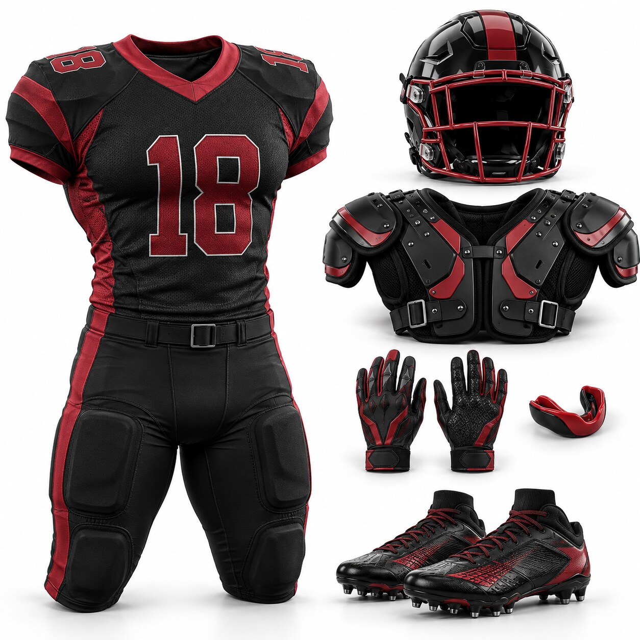 American football uniform clothing compared with helmet shoulder pads cleats and gloves