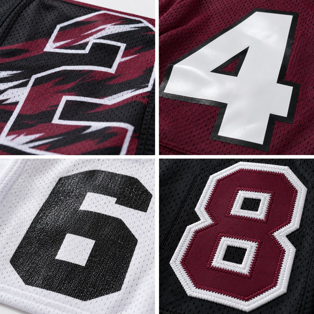 Close-up comparison of sublimation heat transfer screen print and tackle twill football numbers